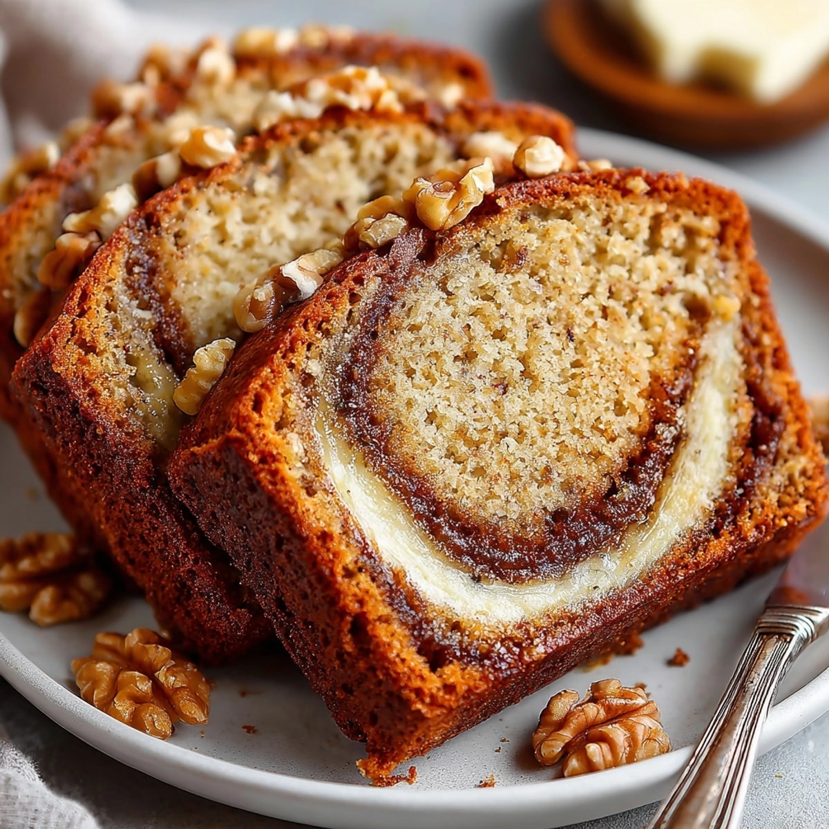 Golden Cinnamon Swirl Banana Bread loaf, warm from the oven, ready for slicing.