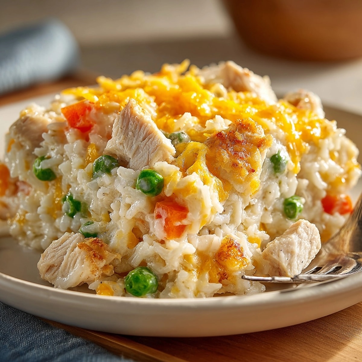 Scoops of warm Creamy Chicken and Rice Casserole& easy freezer friendly weeknight meal.