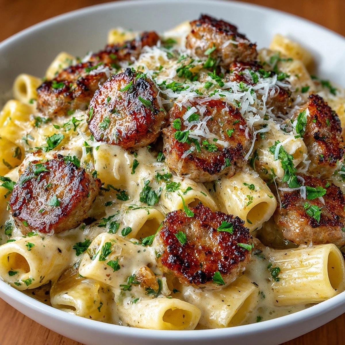 One-Pot Creamy Sausage Pasta simmering, a comforting, cheesy weeknight dinner ready to serve.