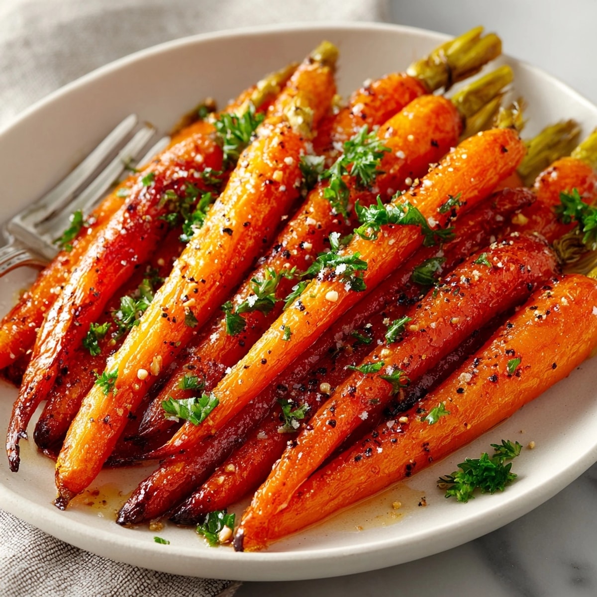 Golden Maple Glazed Roasted Carrots, glistening with maple, ready for Thanksgiving feasts.