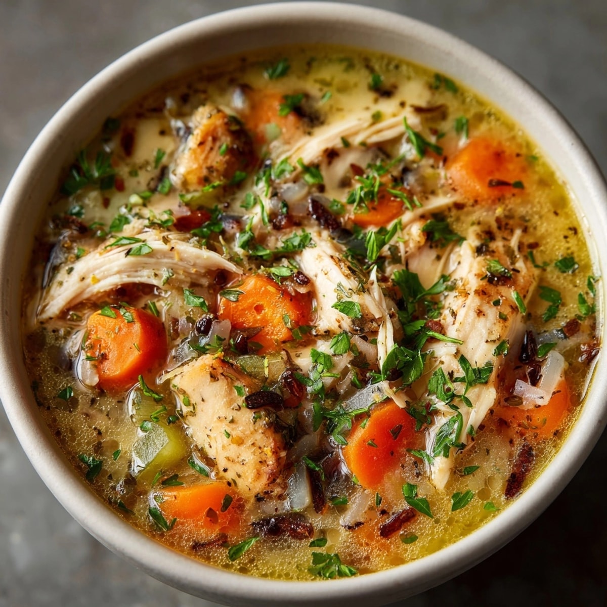 Creamy Instant Pot Chicken and Wild Rice Soup, steaming and savory, ready to enjoy.