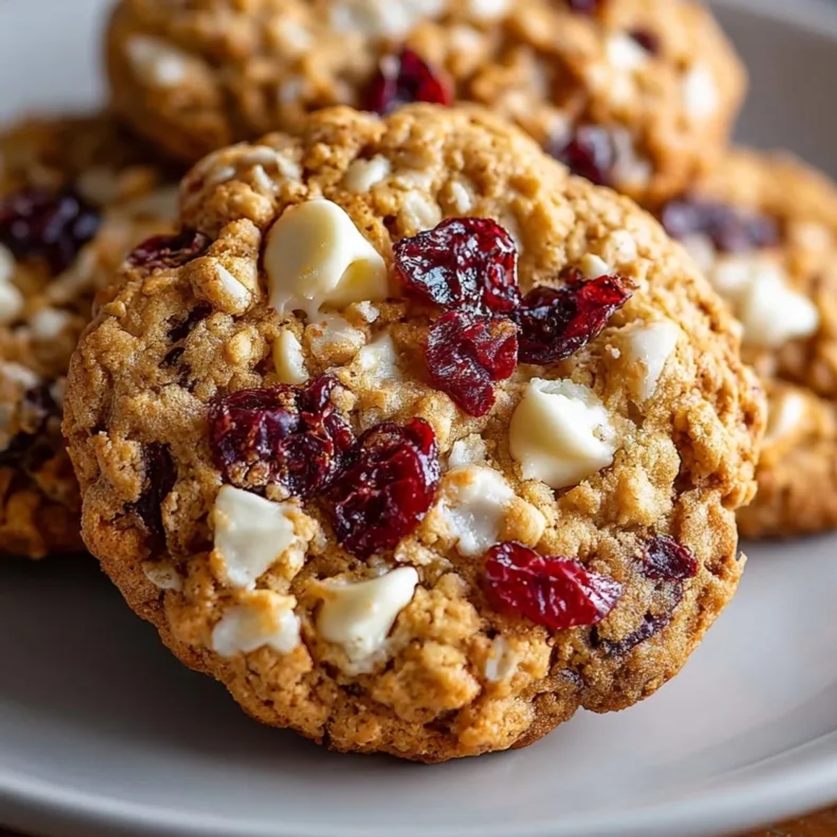 Warm, chewy Cranberry White Chocolate Oatmeal Cookies, speckled with red and white.