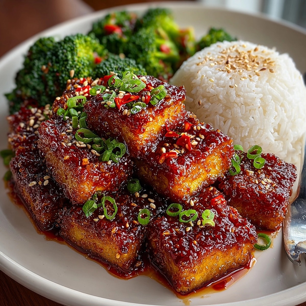 Golden and crispy General Tso's Tofu coated in a tangy, glistening savory-sweet sauce.