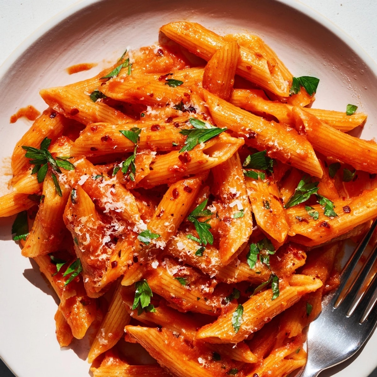 A plate of Spicy Arrabbiata Pasta, vibrant red sauce clinging to perfectly cooked penne.