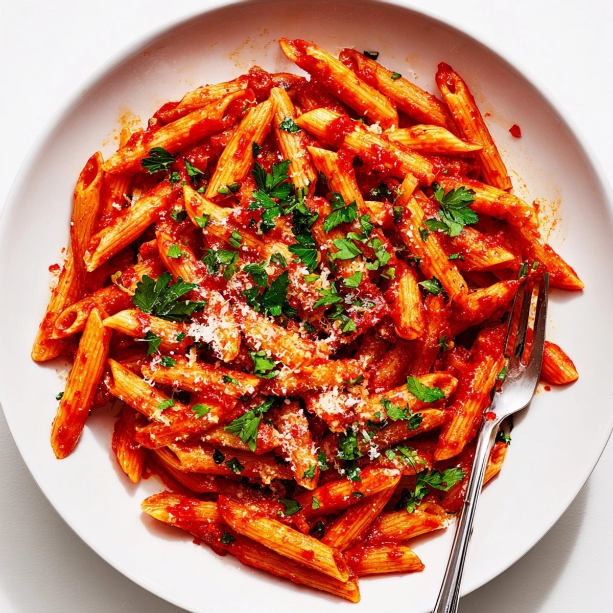 Classic Spicy Arrabbiata Pasta recipe, shown with bubbling tomato sauce and twirled pasta strands.