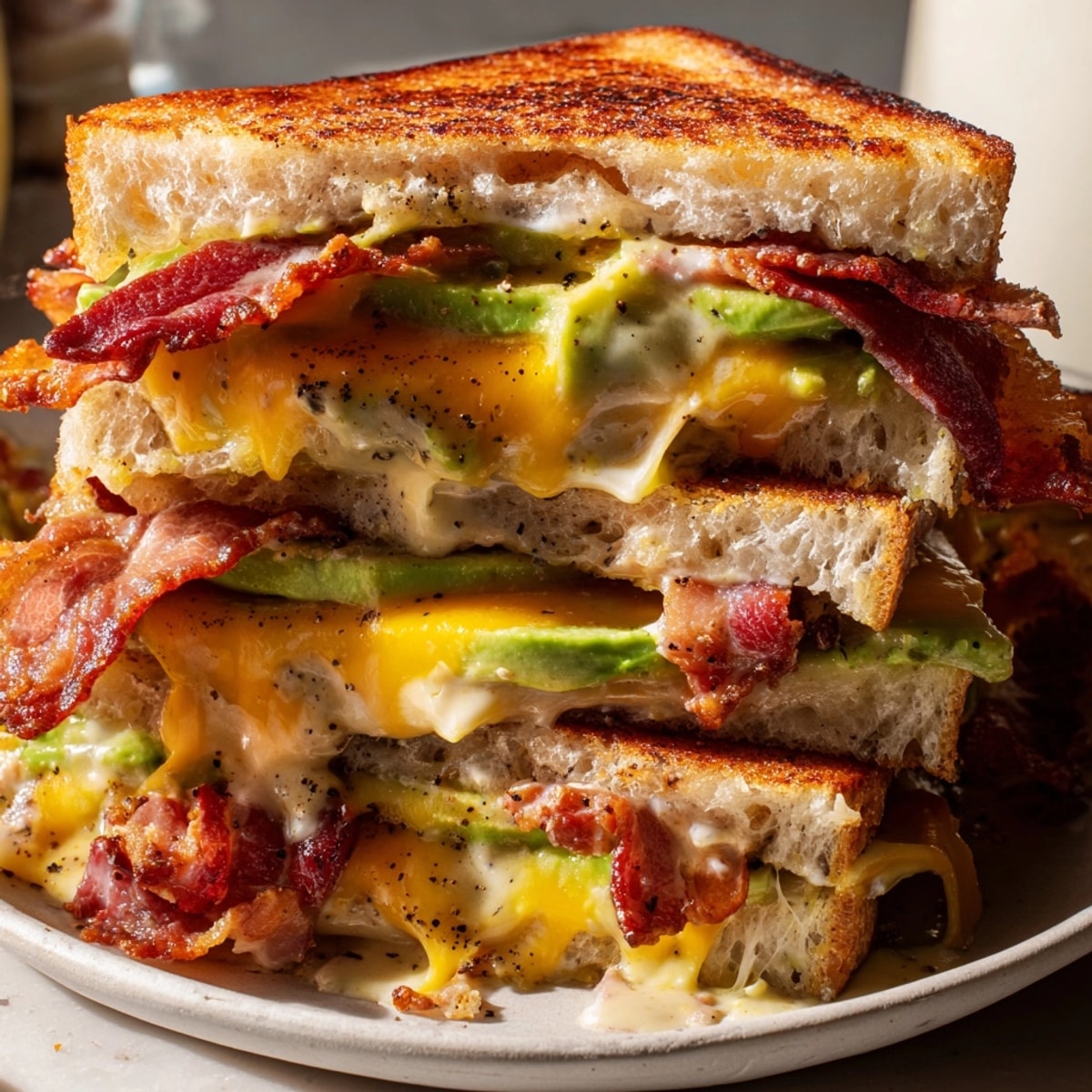 Golden Bacon Avocado Ranch Grilled Cheese: Buttery sourdough, melted cheddar, salty bacon, and creamy avocado filling.