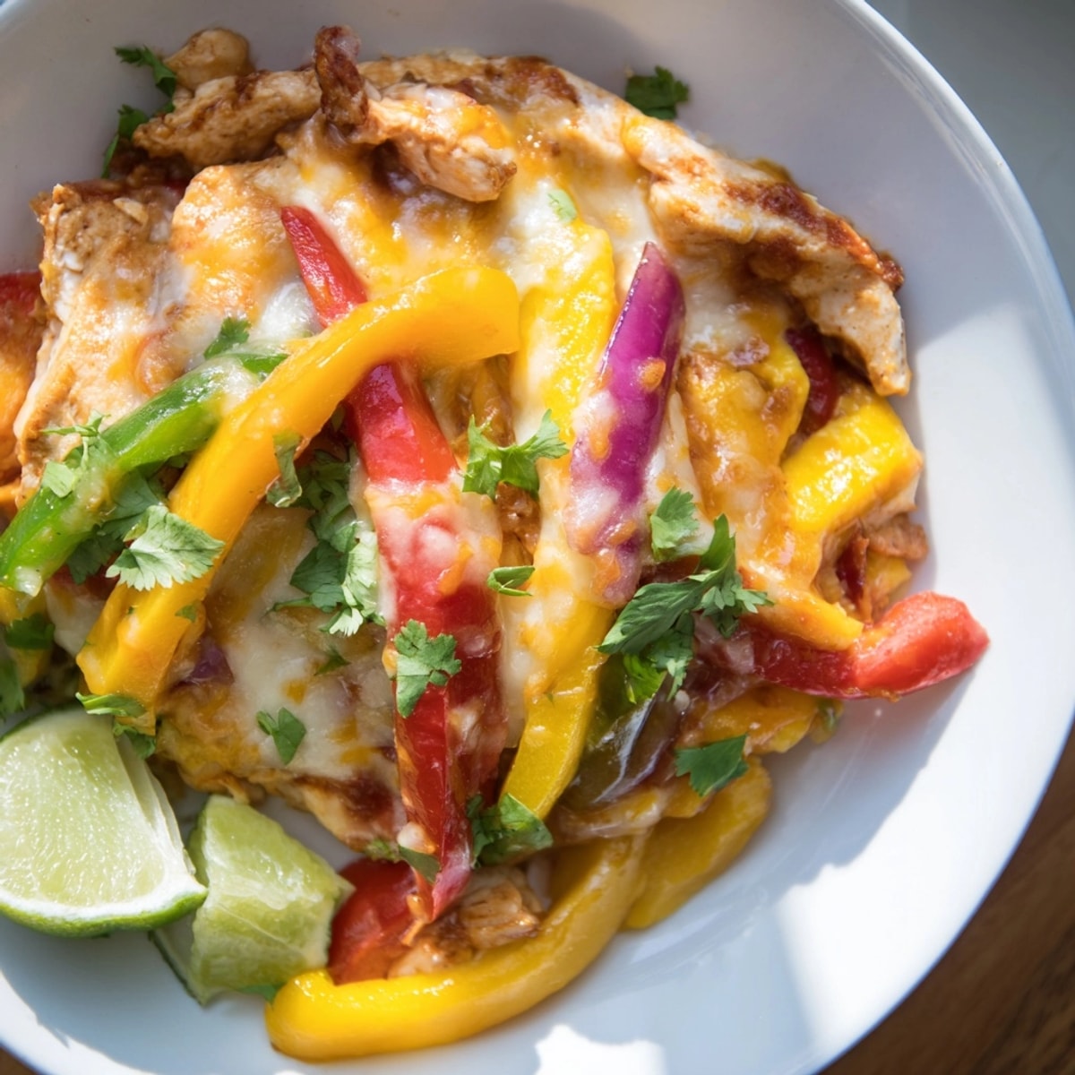 Baked cheesy Mango Chicken Fajita Casserole bubbling hot, garnished with fresh cilantro and lime.
