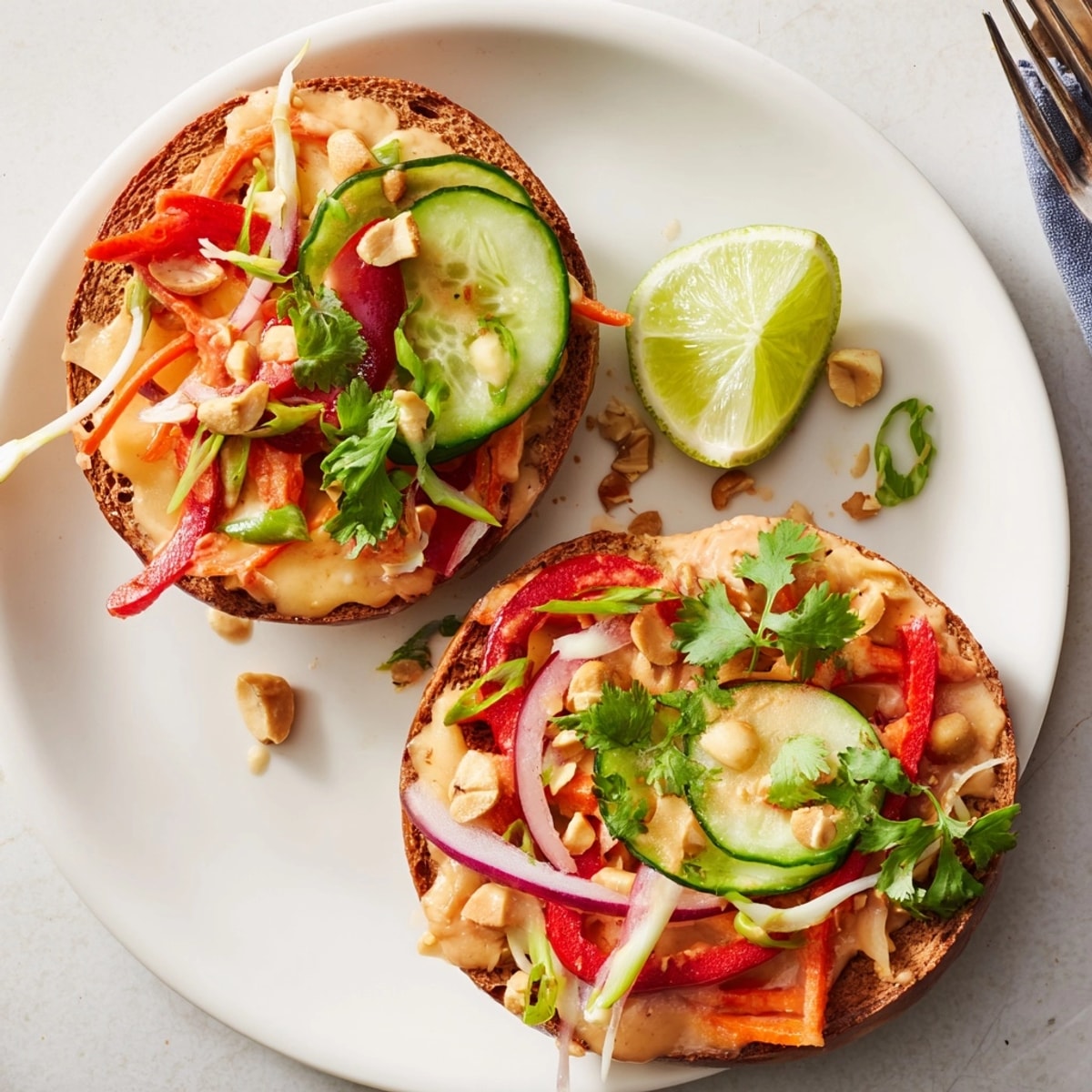 Quick snack: imagine warm Thai Peanut Veggie Pizza Bagels topped with crisp sprouts.