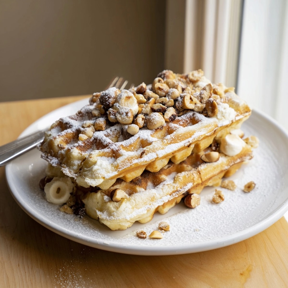 Freshly made Ricotta Lemon Hazelnut Waffles; taste the citrus, nuttiness, and creamy ricotta.
