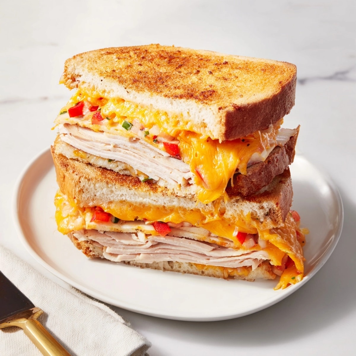 Golden Cajun Turkey Cheddar Toasties, hot off the skillet, oozing melted cheese.