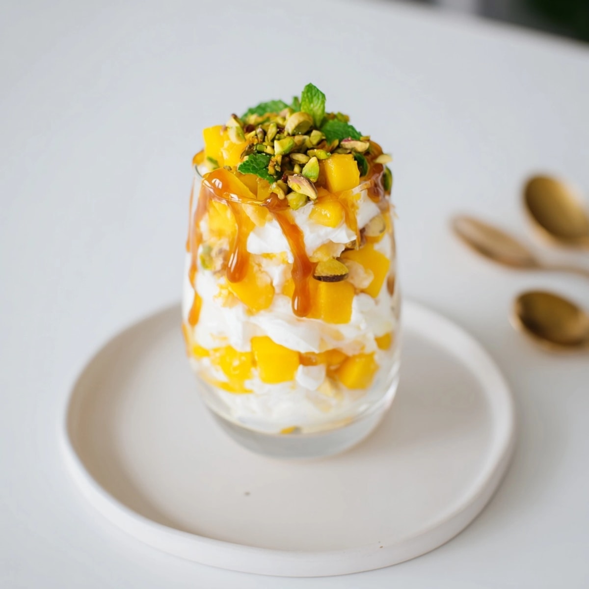 Golden caramel drizzled over a delicious Mango Caramel Ricotta Parfait with fresh mint.