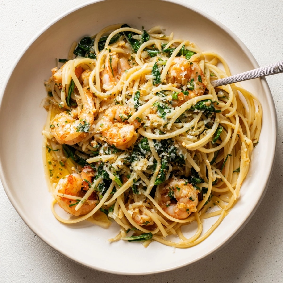Close-up of Shrimp Spinach Herb Pasta, a bright, comforting dish ready to serve.