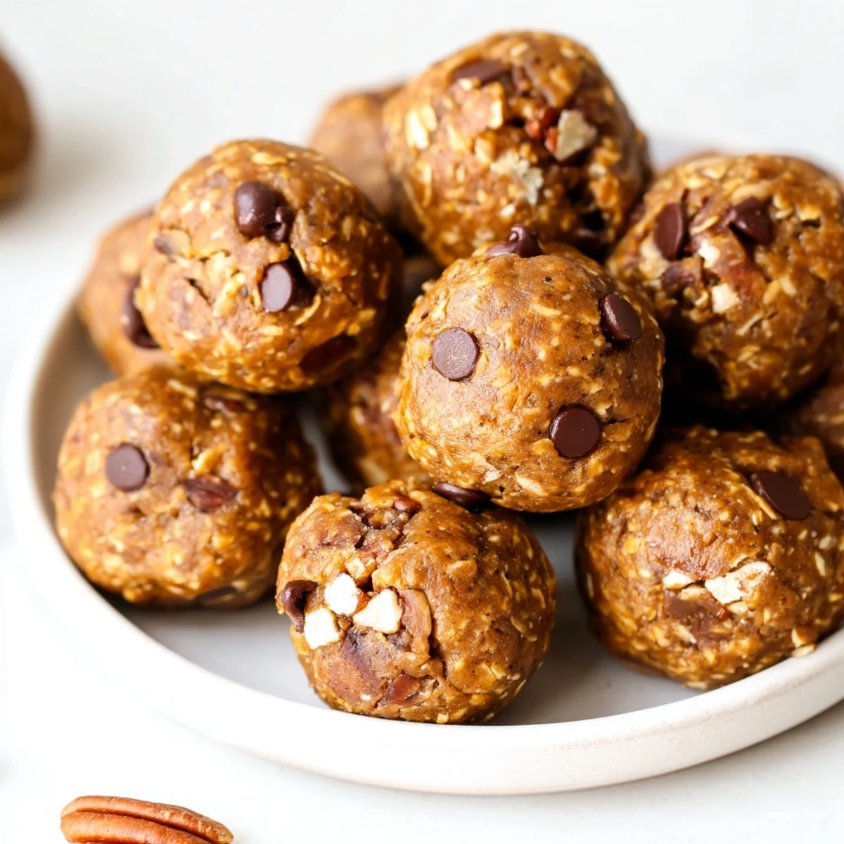 Soft Gingerbread Pumpkin Muffin Energy Bites sprinkled with chocolate and nuts for texture.  