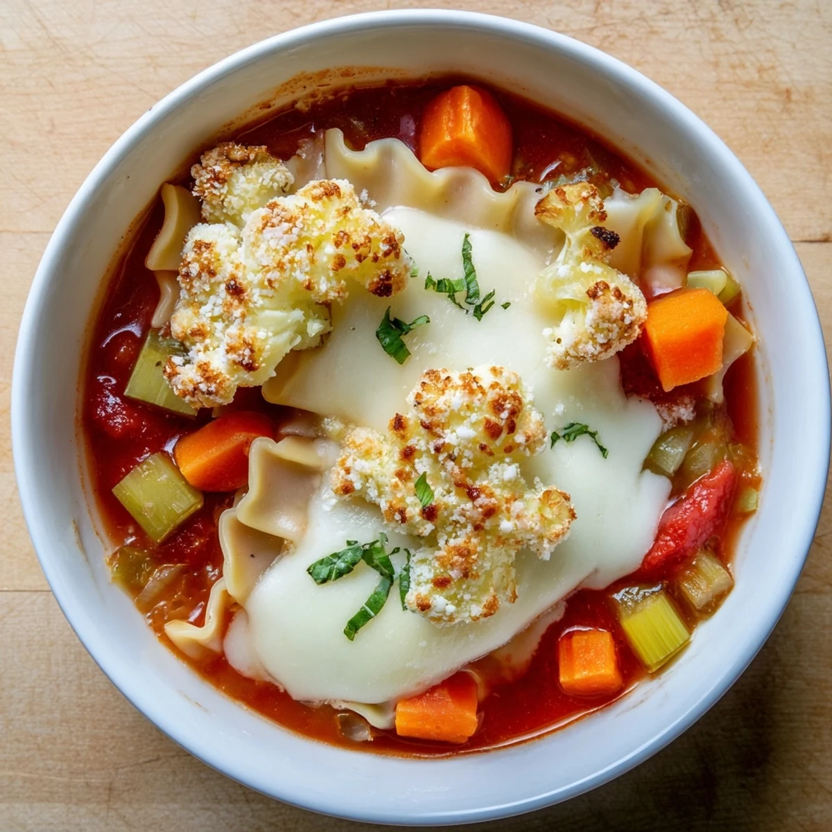 Savory lasagne soup garnished with golden, cheesy cauliflower croutons for extra flavor.