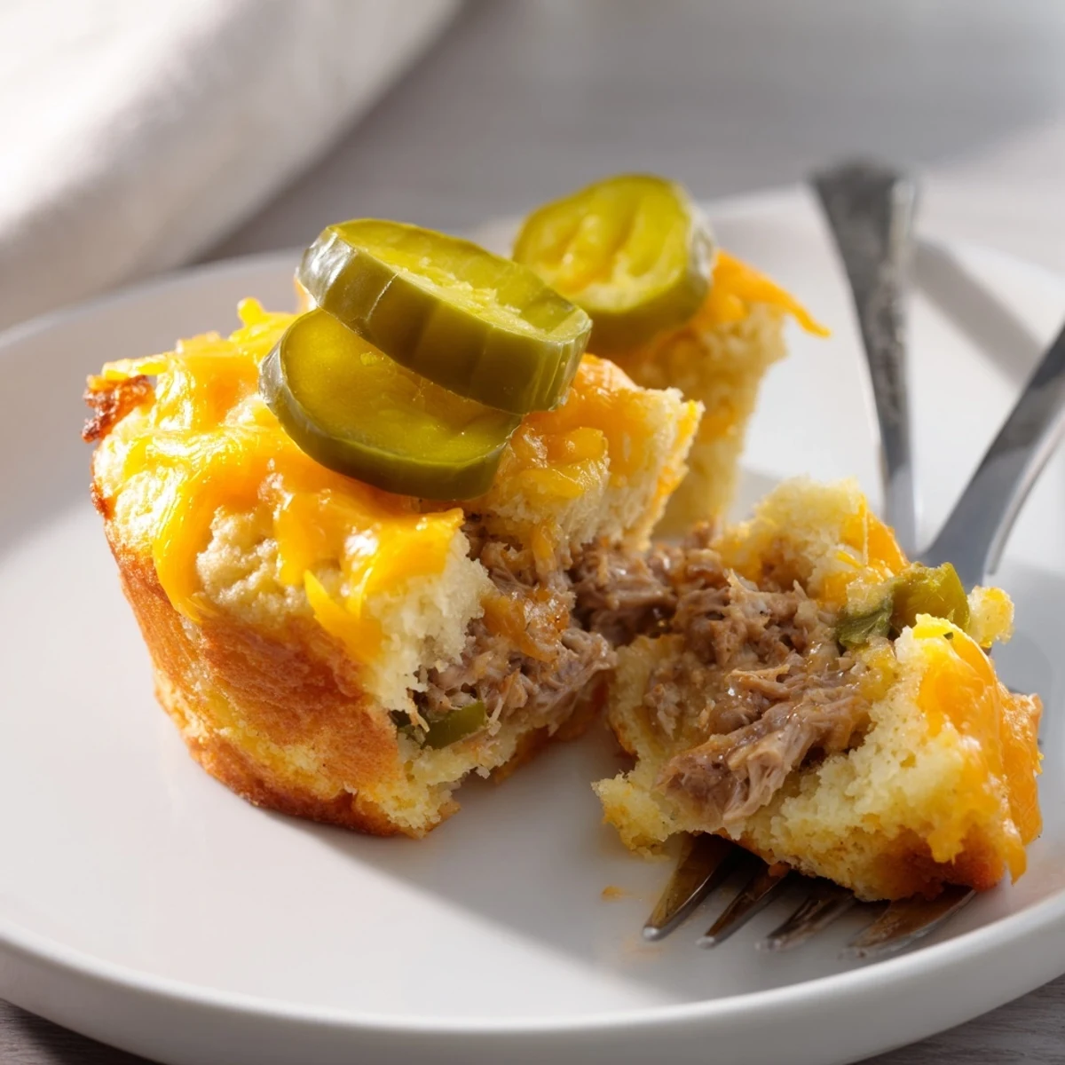 Savory BBQ Pickle Pulled Pork Muffins, warm and cheesy, perfect for snacks.  