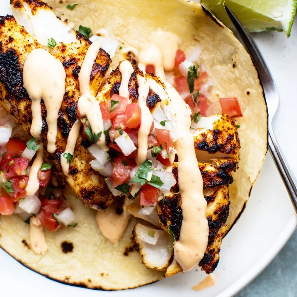 Delicious grilled fish tacos with spicy mayo and fresh pico de gallo await you.  