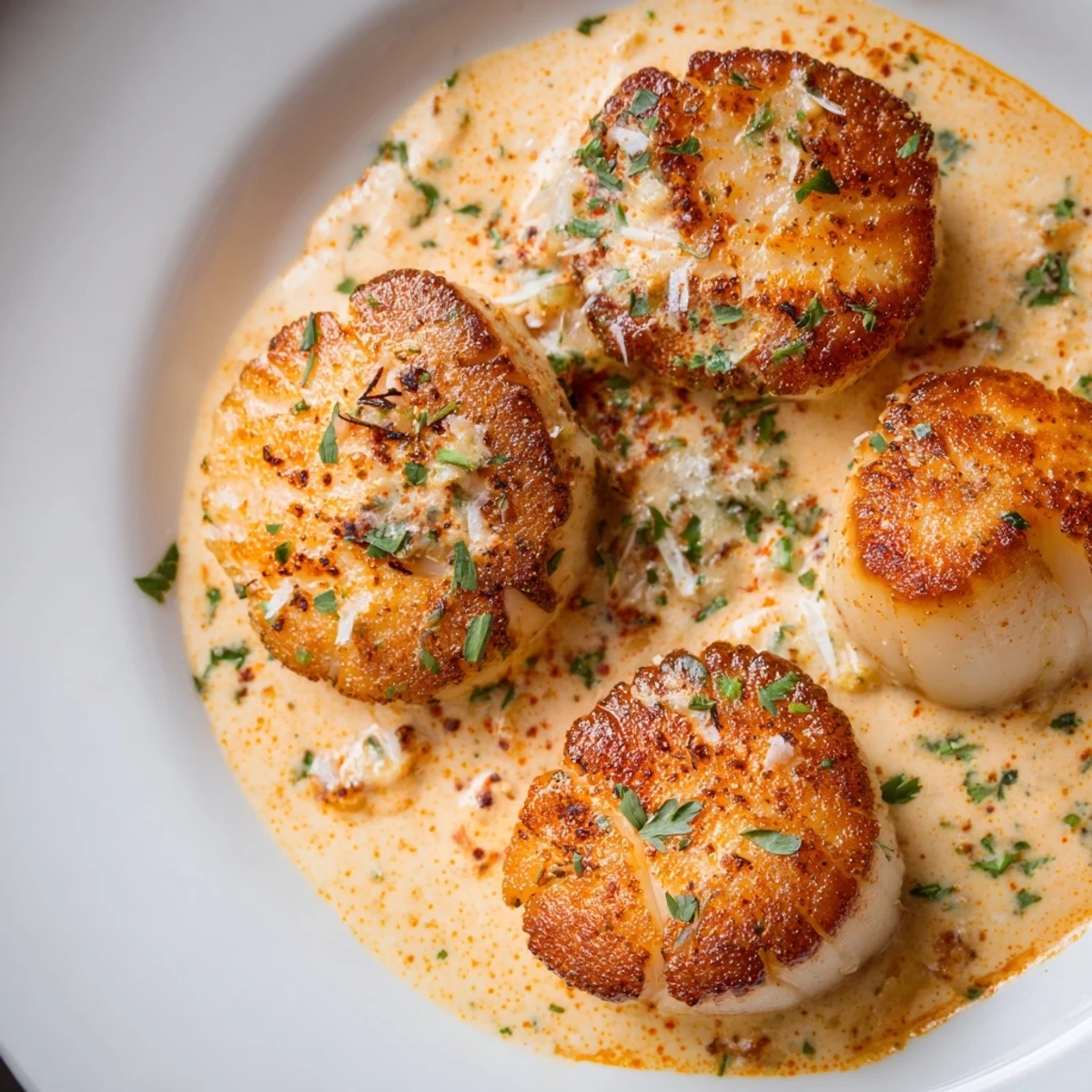 Golden seared scallops drizzled with rich spicy Cajun cream sauce for dinner.