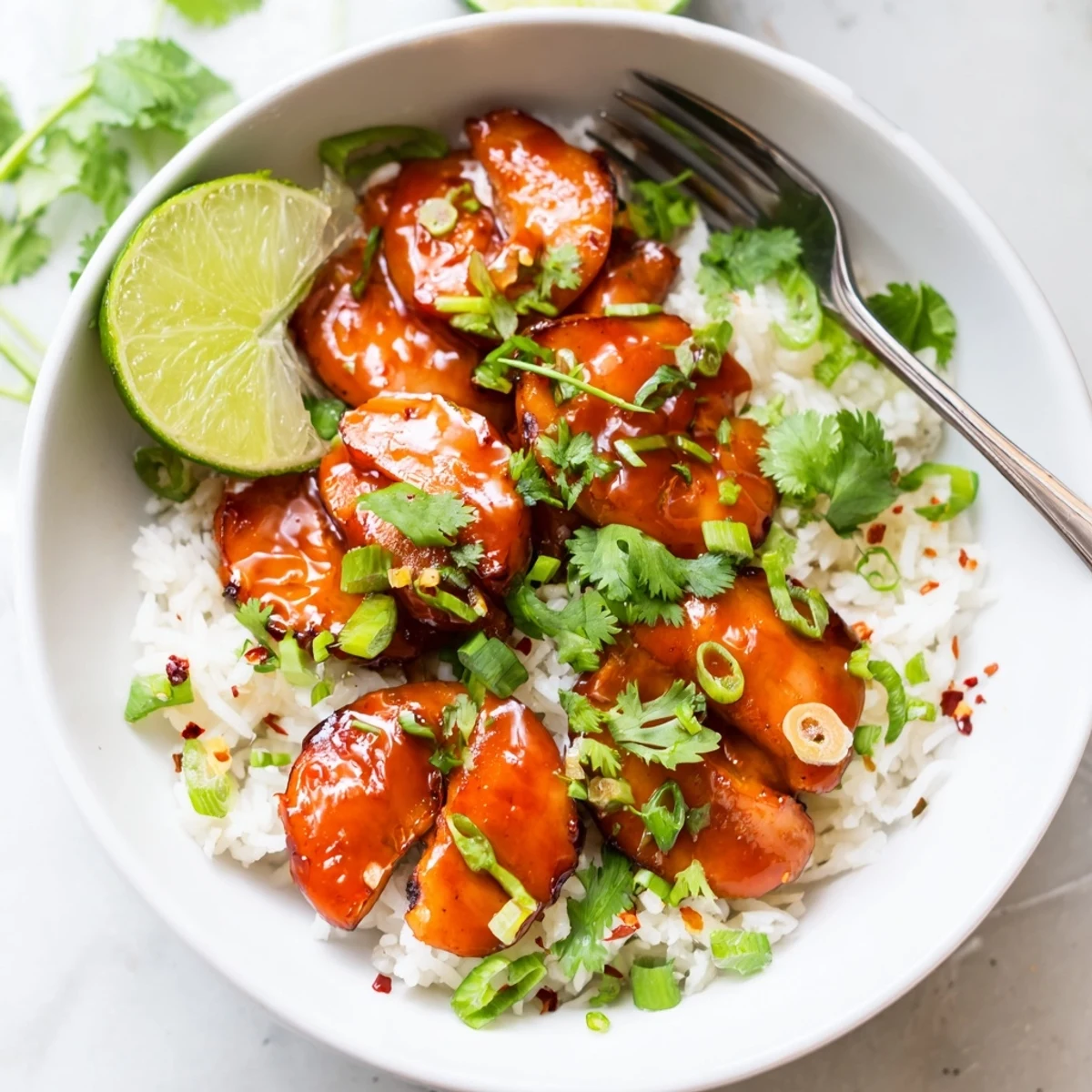 Colorful Sweet Chili Chicken Bowl showcasing jasmine rice and zesty coconut lime sauce  