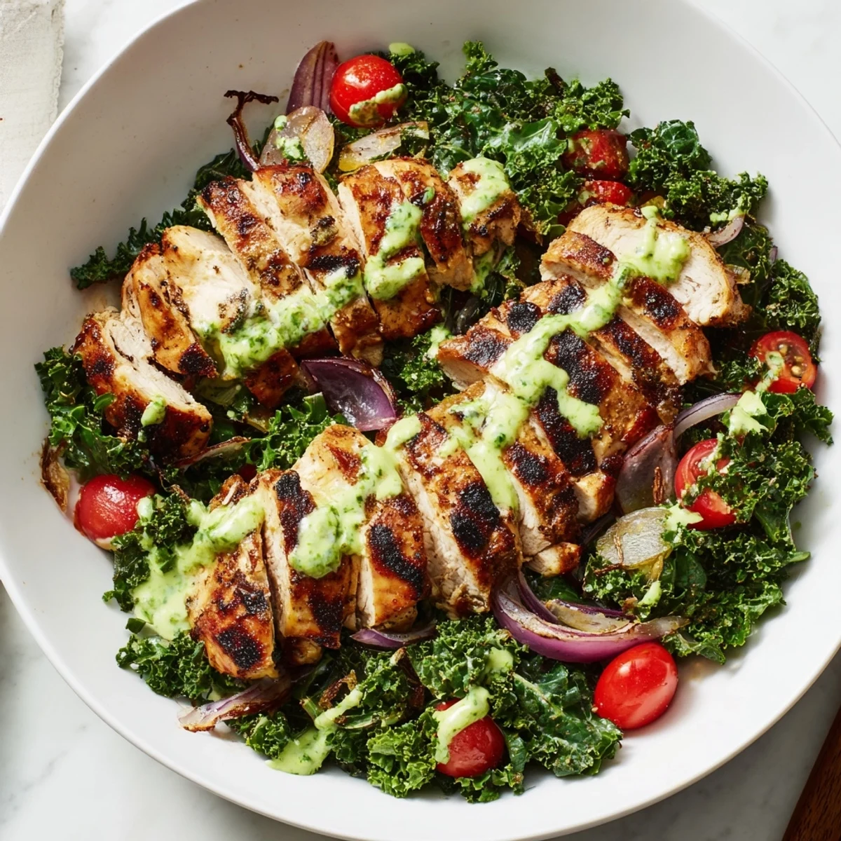 Flavor-packed Chimichurri Grilled Chicken Bowl drizzled with tangy garlic sauce and vibrant greens.