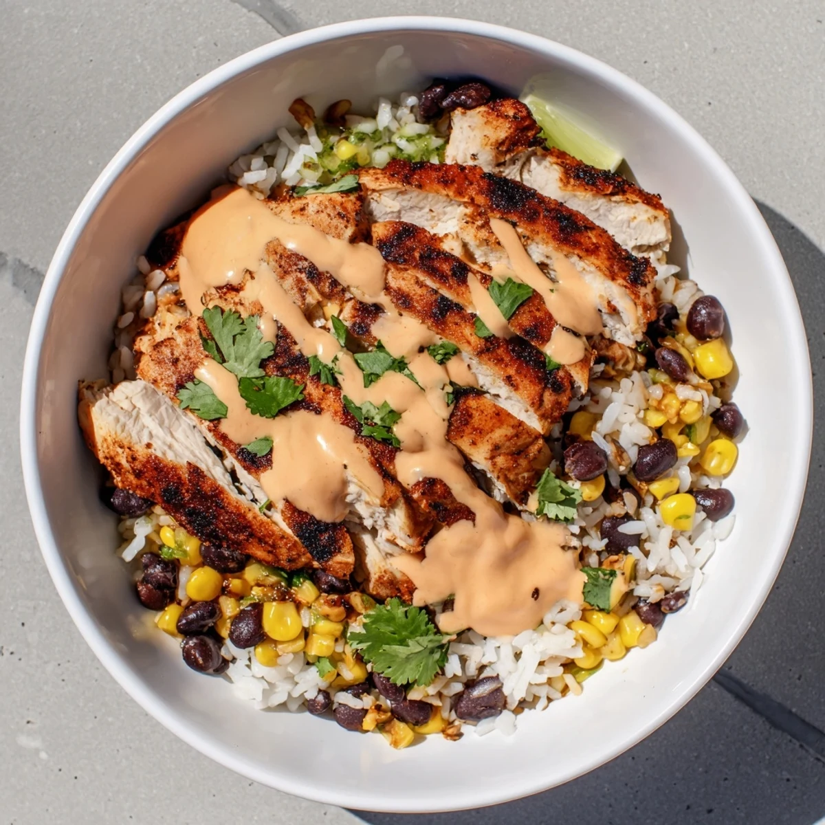 Delicious Chipotle Chicken Bowl garnished with black beans, corn, and creamy sauce.  