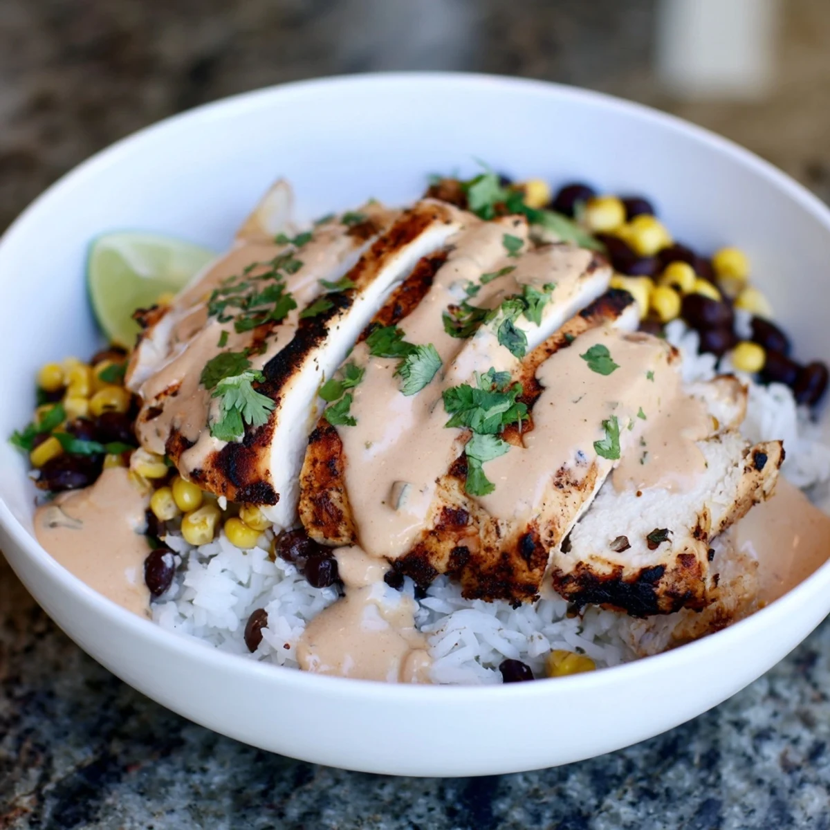 Smoky Chipotle Chicken Bowl brimming with fresh ingredients and tangy sauce.  