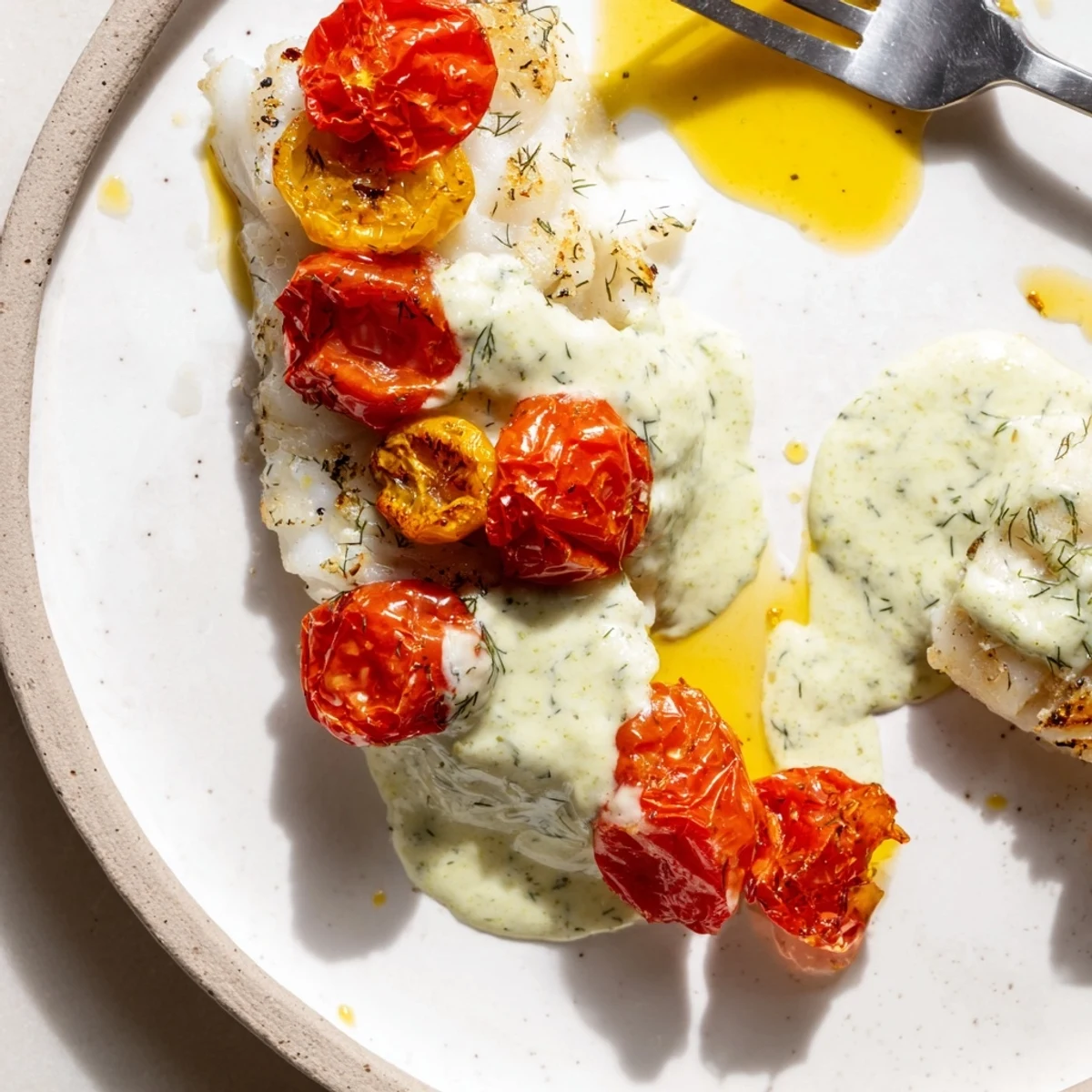 Grilled Cod with Roasted Tomatoes & Creamy Dill Sauce served with vibrant cherry tomatoes.