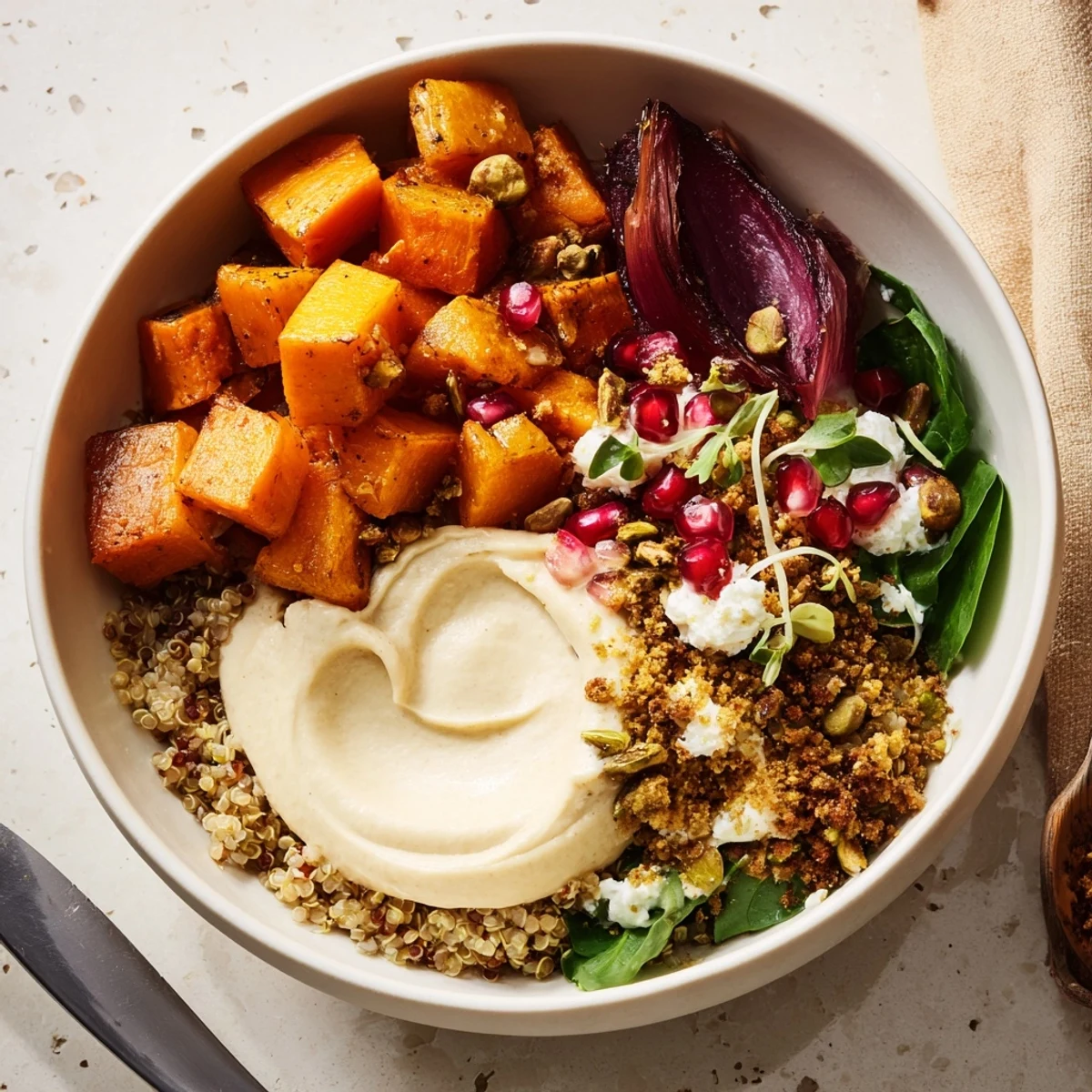 Warm and hearty spiced winter bowls topped with a crunchy pistachio-maple crumble.