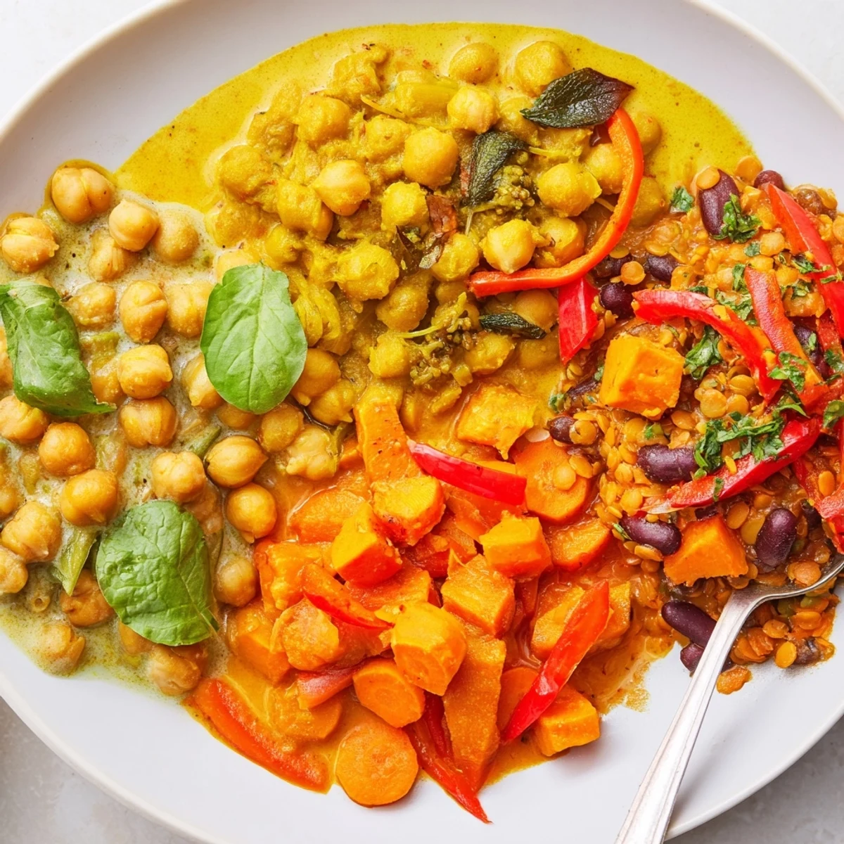 Creamy Caribbean Sweet Potato Curry topped with parsley, served alongside fluffy rice.