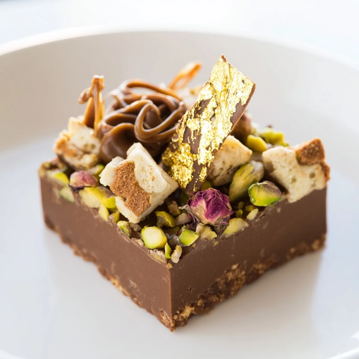 Decadent Chocolate Bar Inspired Creations stacked with crunchy pistachios and coconut flakes.  