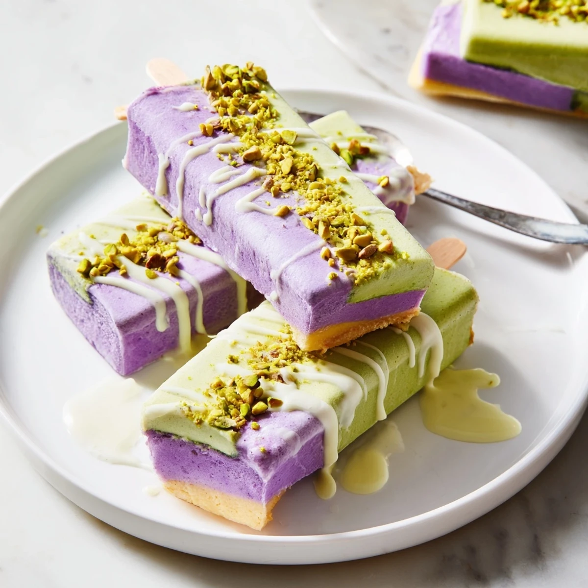 Creamy ube and pistachio ice cream bars, perfect for summer gatherings.