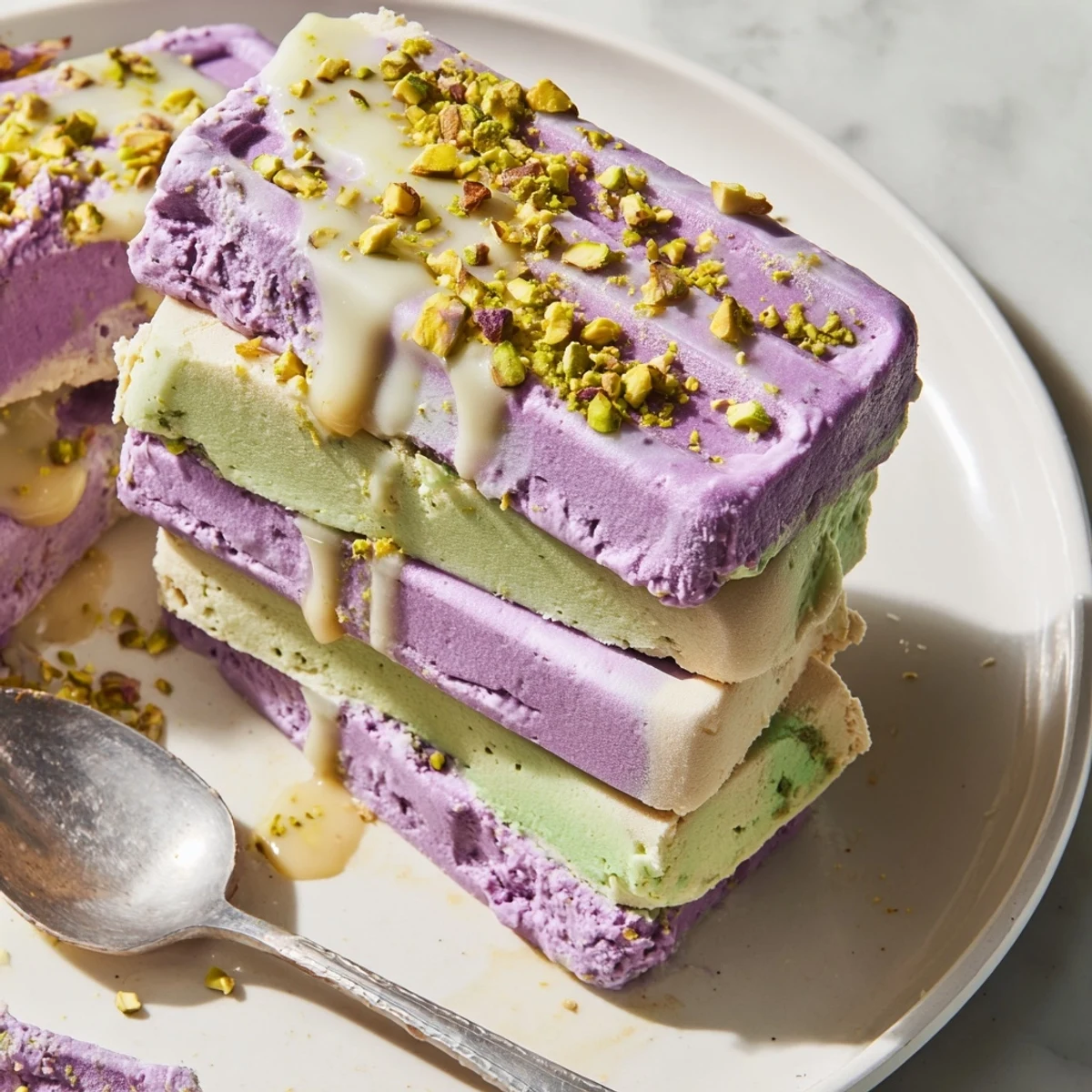 Vibrant ube & pistachio ice cream bars drizzled with sweetened condensed milk.