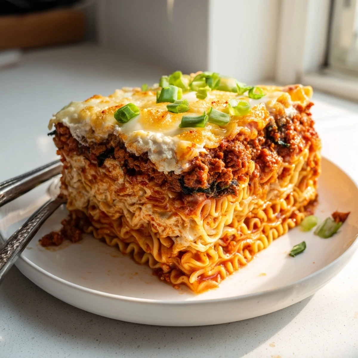 Layers of spicy ramen lasagna topped with bubbling cheese and fresh green onions.  