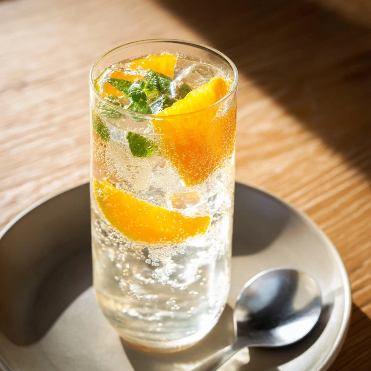 Lightly sparkling probiotic soda mocktail served with ice and garnished with fresh orange.  