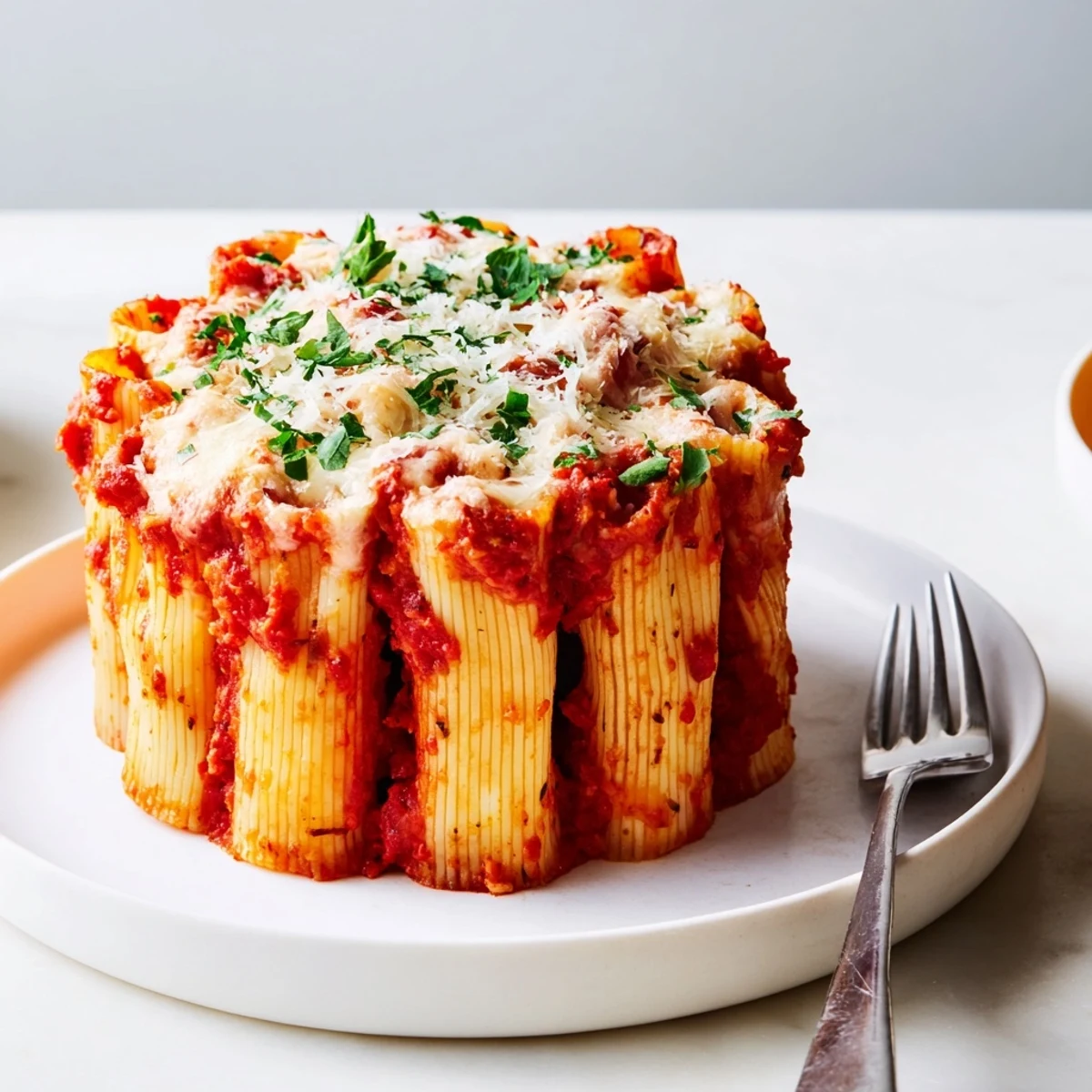 Delicious Honeycomb Pasta Cake showcasing rigatoni filled with rich tomato sauce.  