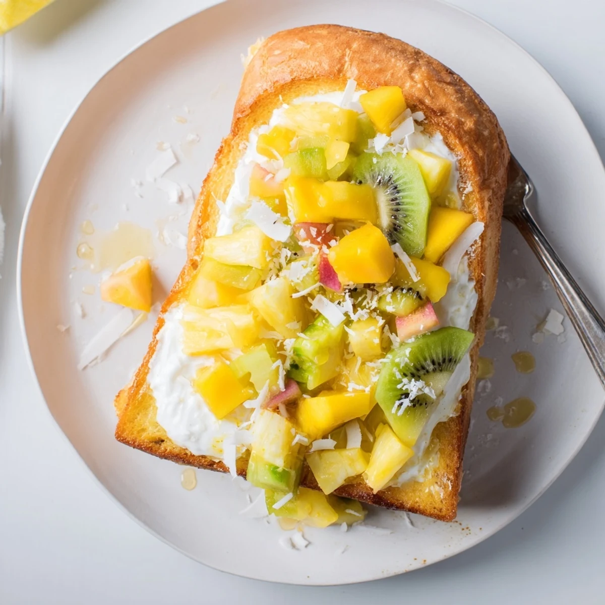 Vibrant Yogurt-Custard Toast topped with tropical fruits for a refreshing breakfast experience.  