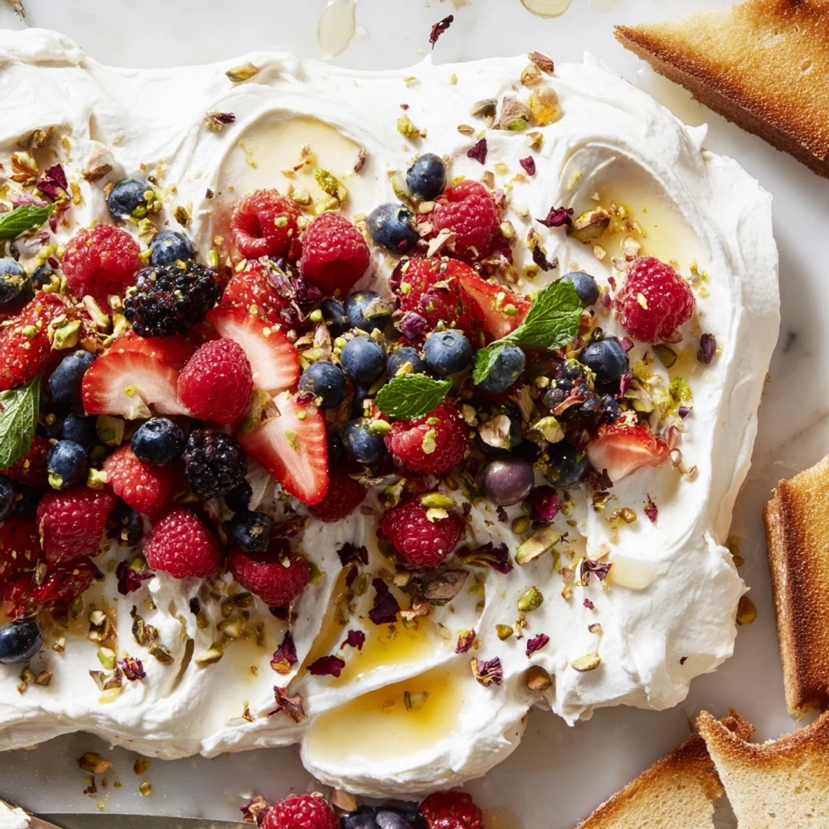 Whipped cream cheese butter board dessert with berries, perfect for sweet gatherings.  