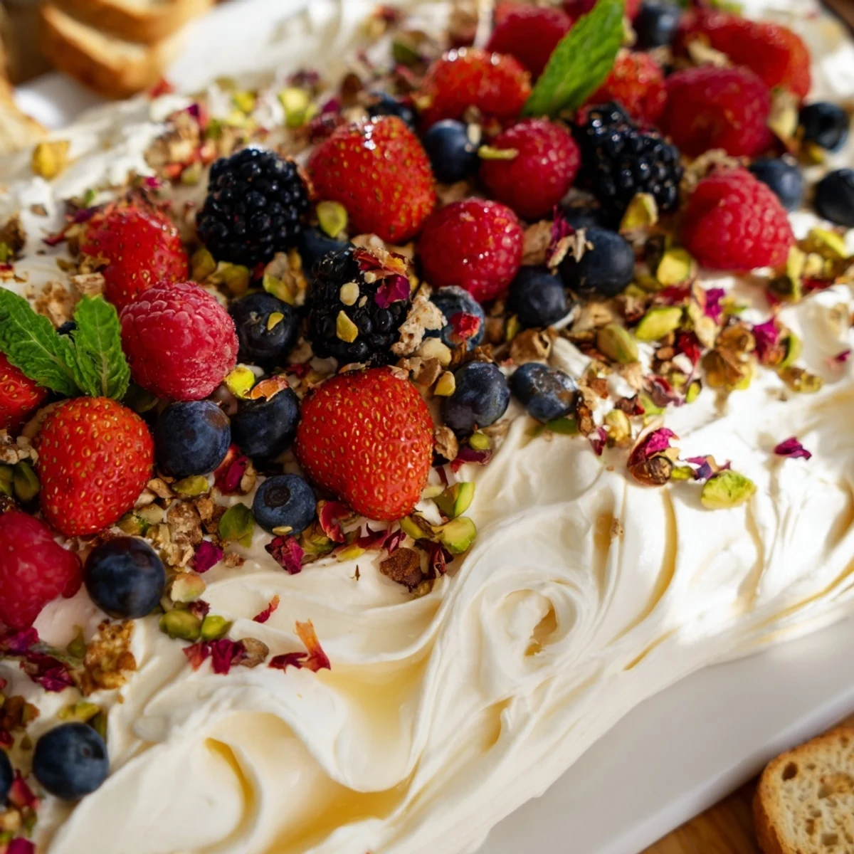 Delicious butter board dessert recipe topped with fresh berries and crunchy nuts.  