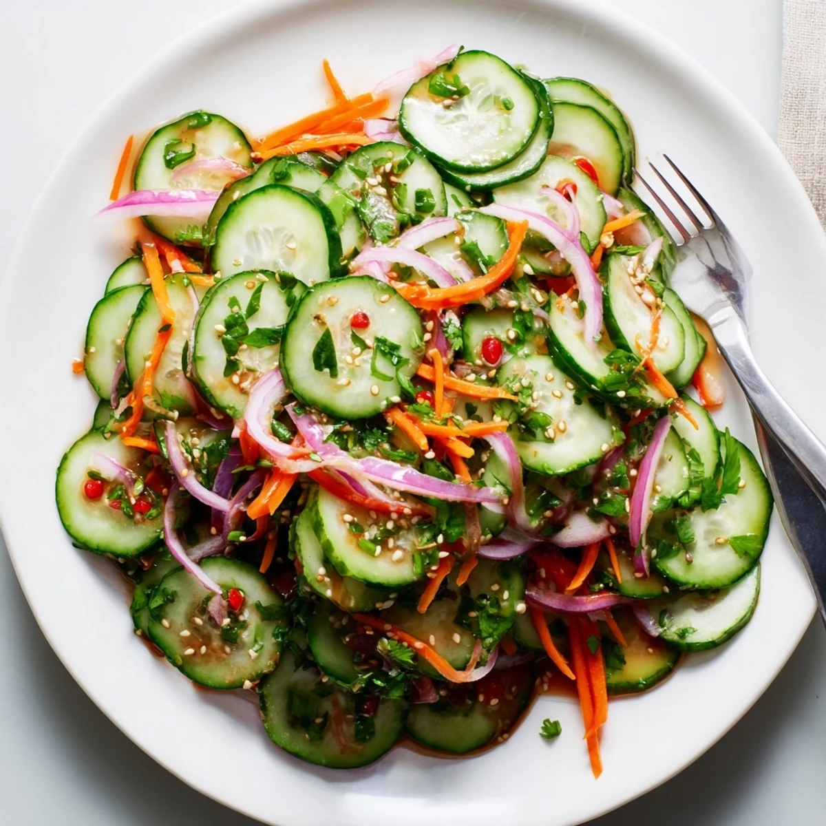 Cucumber Salad Remix with vibrant colors, sesame seeds, and Asian-inspired flavors.  