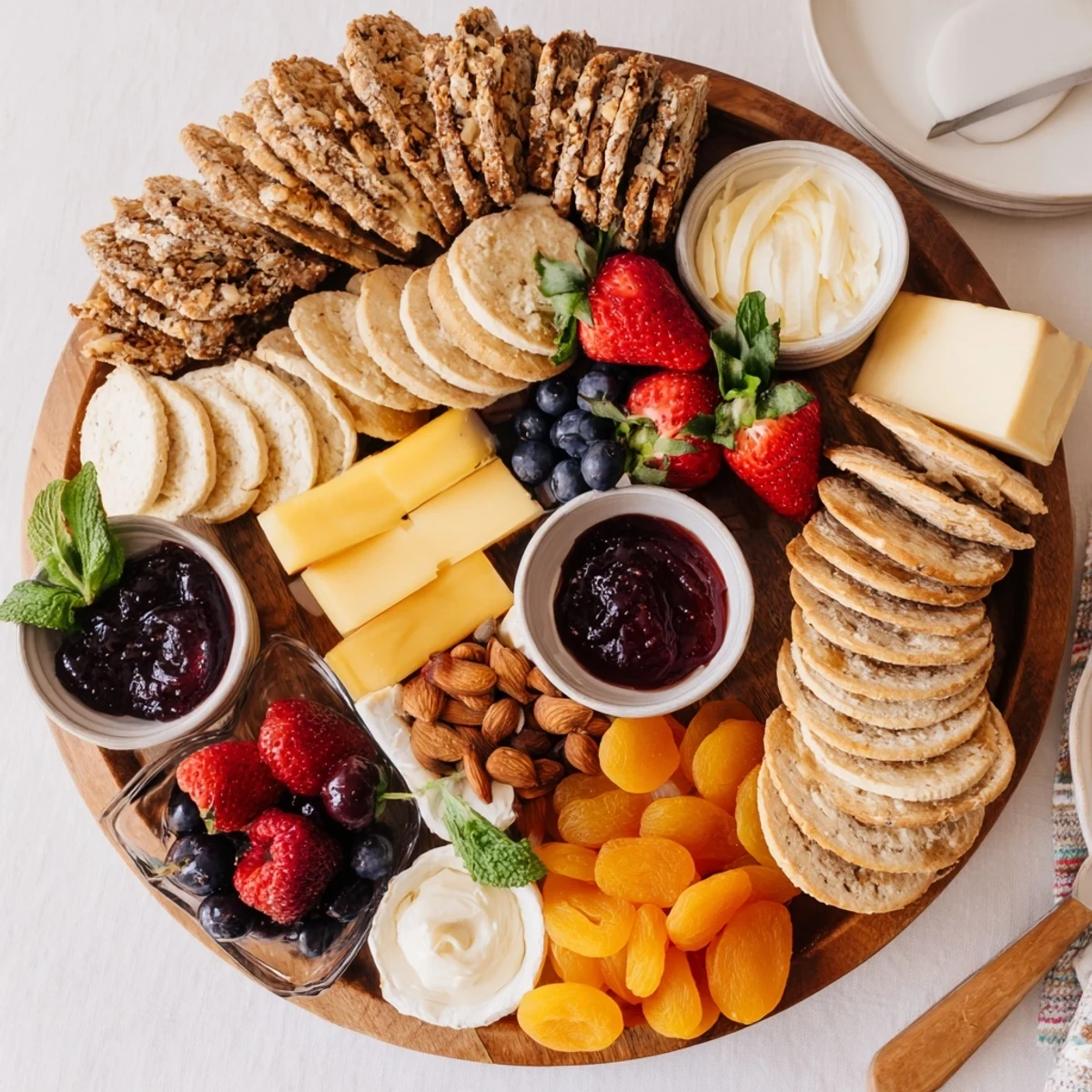 Vibrant jam-infused brunch board featuring fresh fruits and artisan cheeses.  