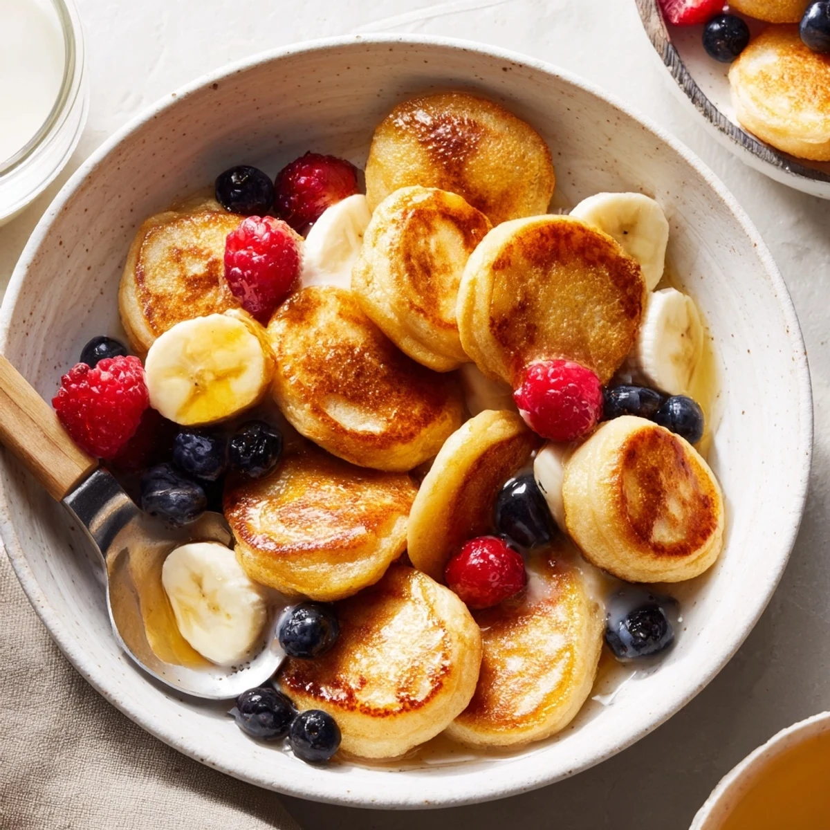 Adorable mini pancake cereal served in a bowl, topped with fresh berries.  