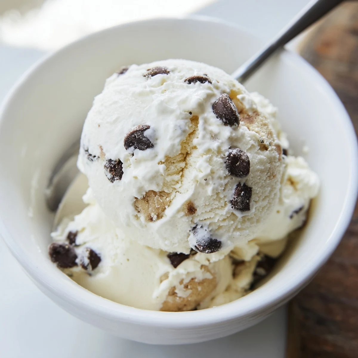 Creamy Cottage Cheese Ice Cream with Cookie Dough served in a stylish bowl.  