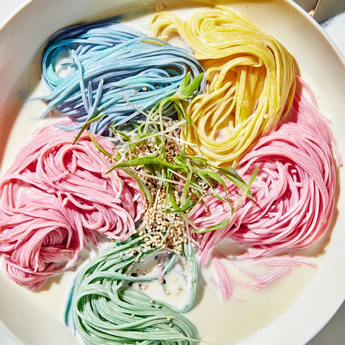 Delicious Neon Noodle Cloud topped with scallions and sesame seeds for added flair.  