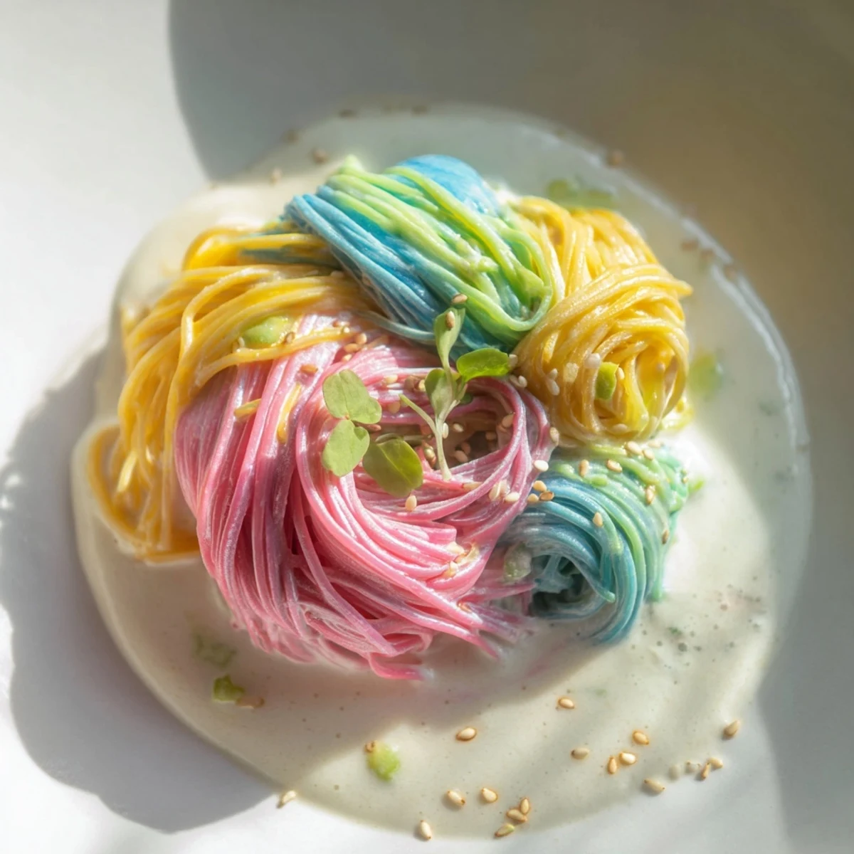 A colorful bowl of Neon Noodle Cloud with vibrant noodles and creamy sauce.  