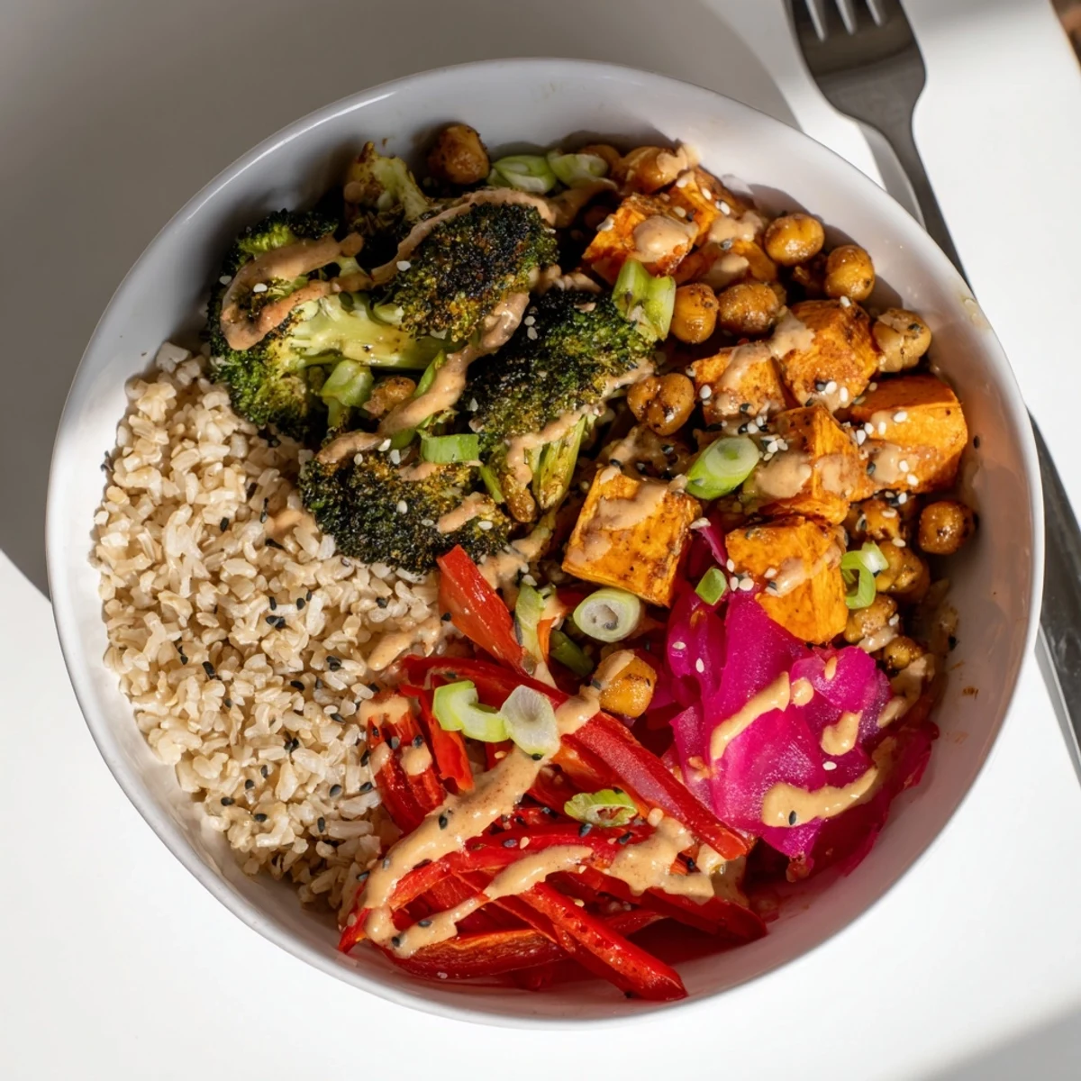 Vibrant Bold Sauce Drizzle Bowls featuring roasted veggies and creamy miso-butter sauce.  