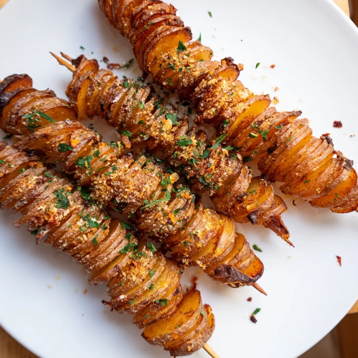 Crispy air-fryer tornado potatoes skewered for a deliciously seasoned snack.  