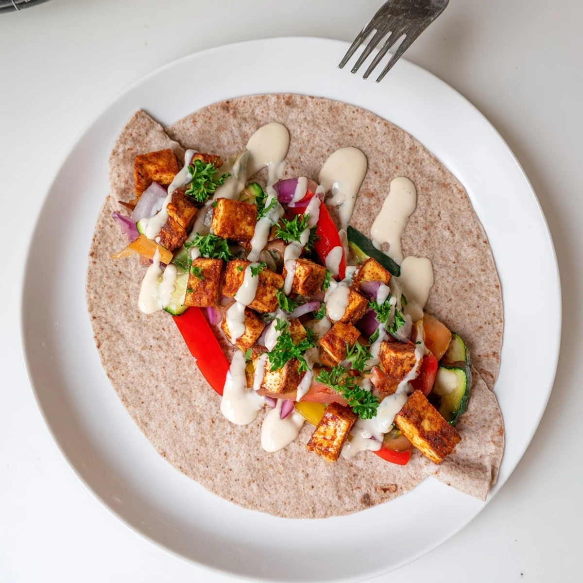 Delicious vegan viral recipe re-make wrapped in whole wheat pita, drizzled with sauce.  