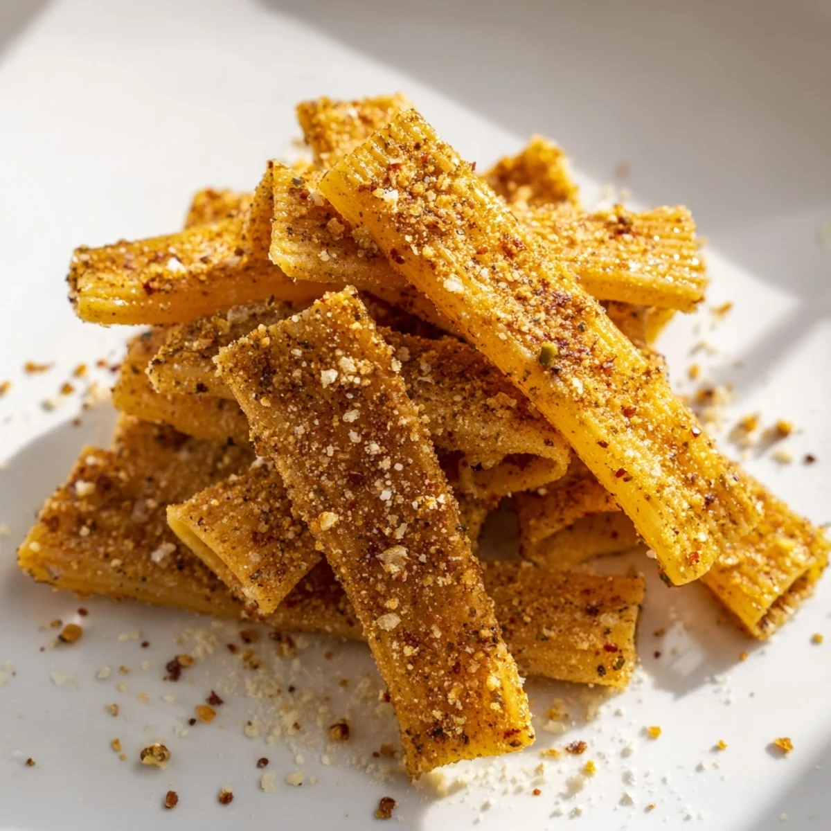 Crispy pasta chips seasoned variety sprinkled with spices, perfect for snacking.