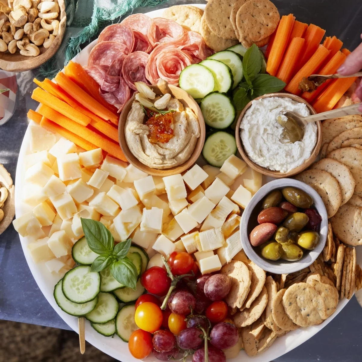 Colorful girl dinner platter filled with cheeses, fruits, and delicious dips.  
