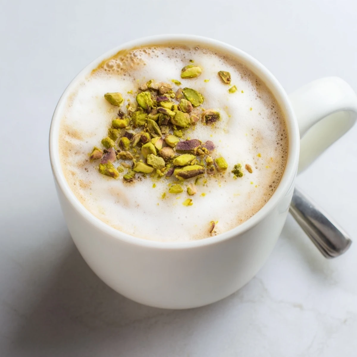 Homemade pistachio milk latte, garnished with crushed pistachios for an inviting touch.