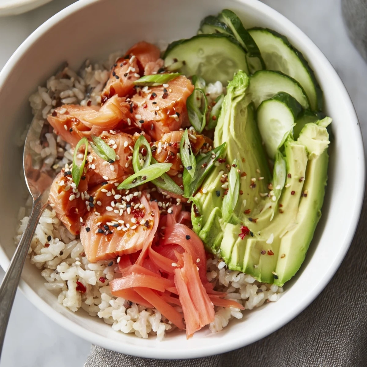Leftover Salmon & Rice Bowl topped with fresh avocado, cucumber, and ginger slices.  